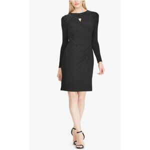 Ralph Lauren Dress 12 Black Sequin Trim Long Sleeve Sheath Stretch Party NEW